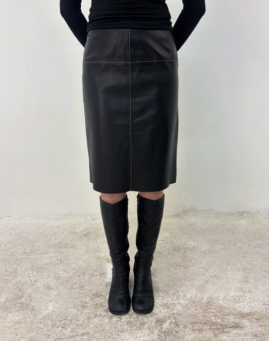 Vintage black leather midi skirt