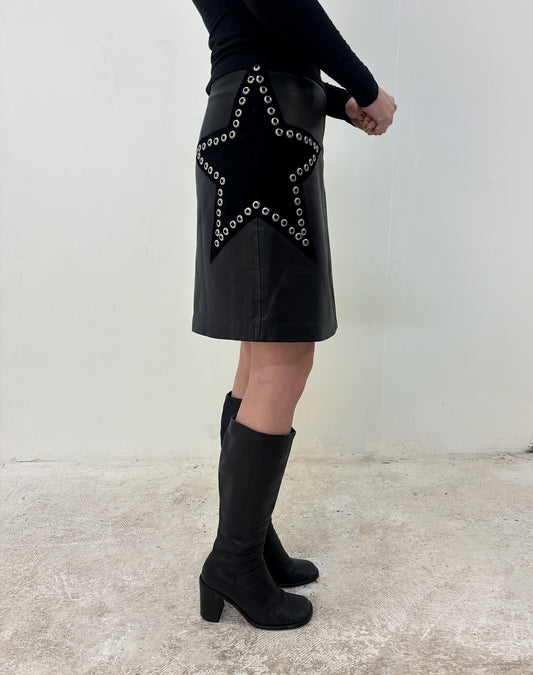 Black star leather midi skirt