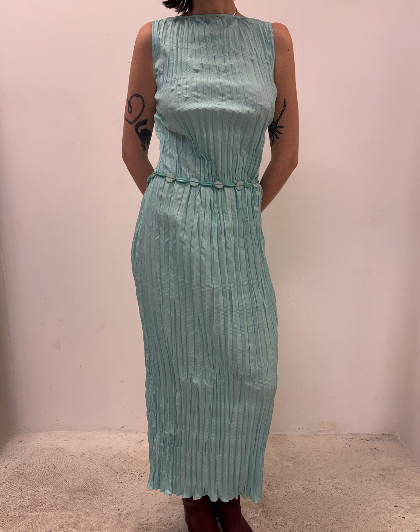Vintage turquoise plisse maxi dress