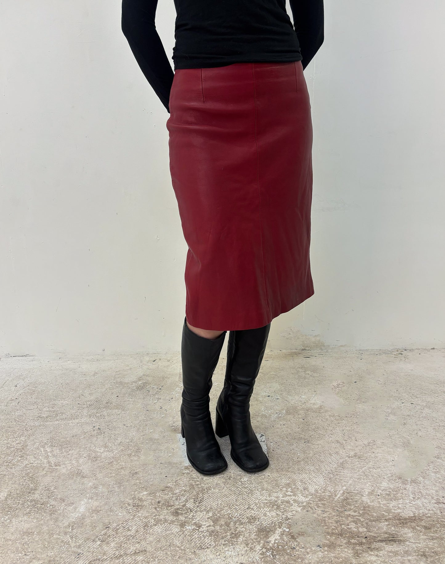 Vintage red leather midi skirt
