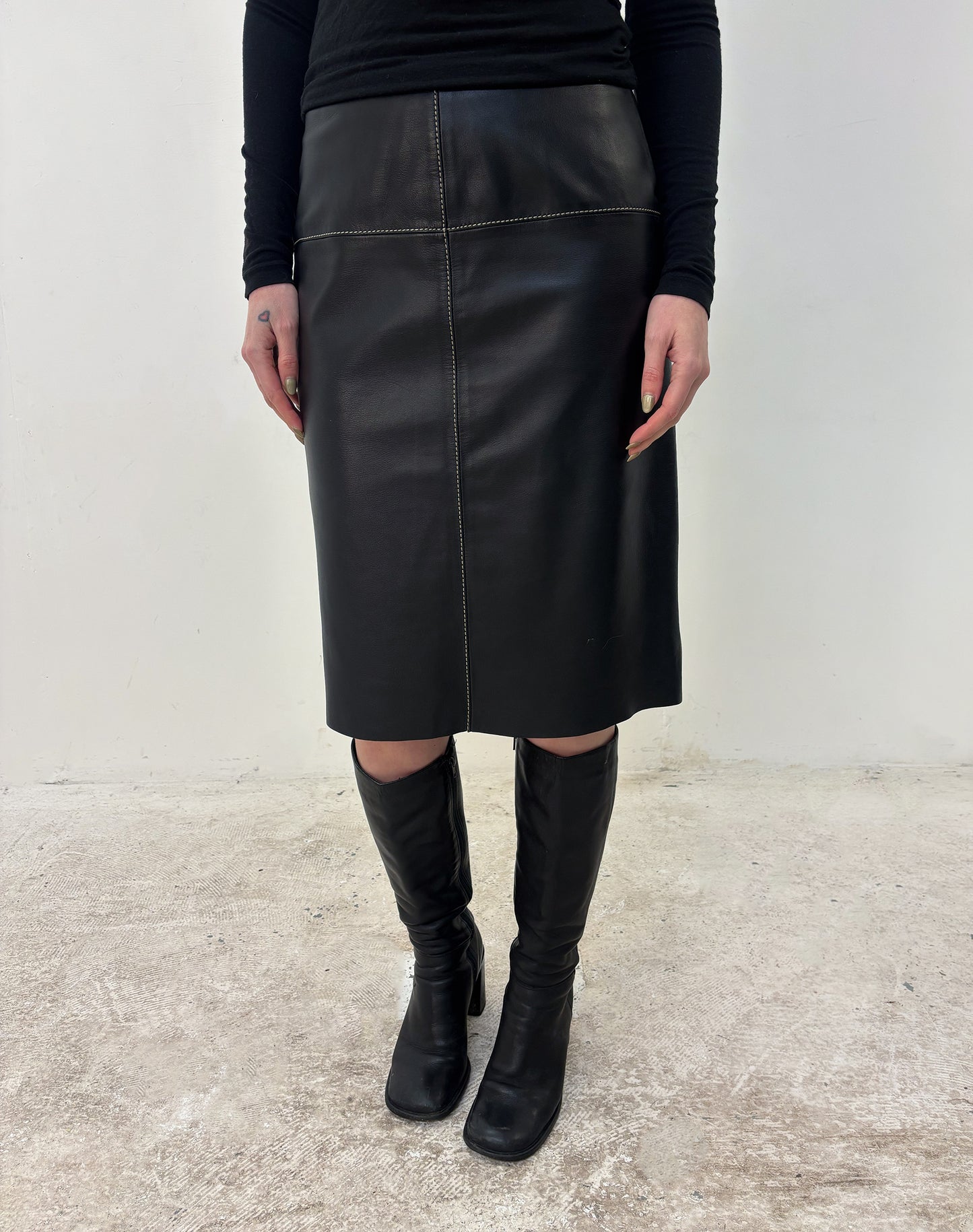 Vintage black leather midi skirt