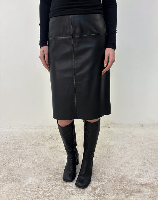 Vintage black leather midi skirt