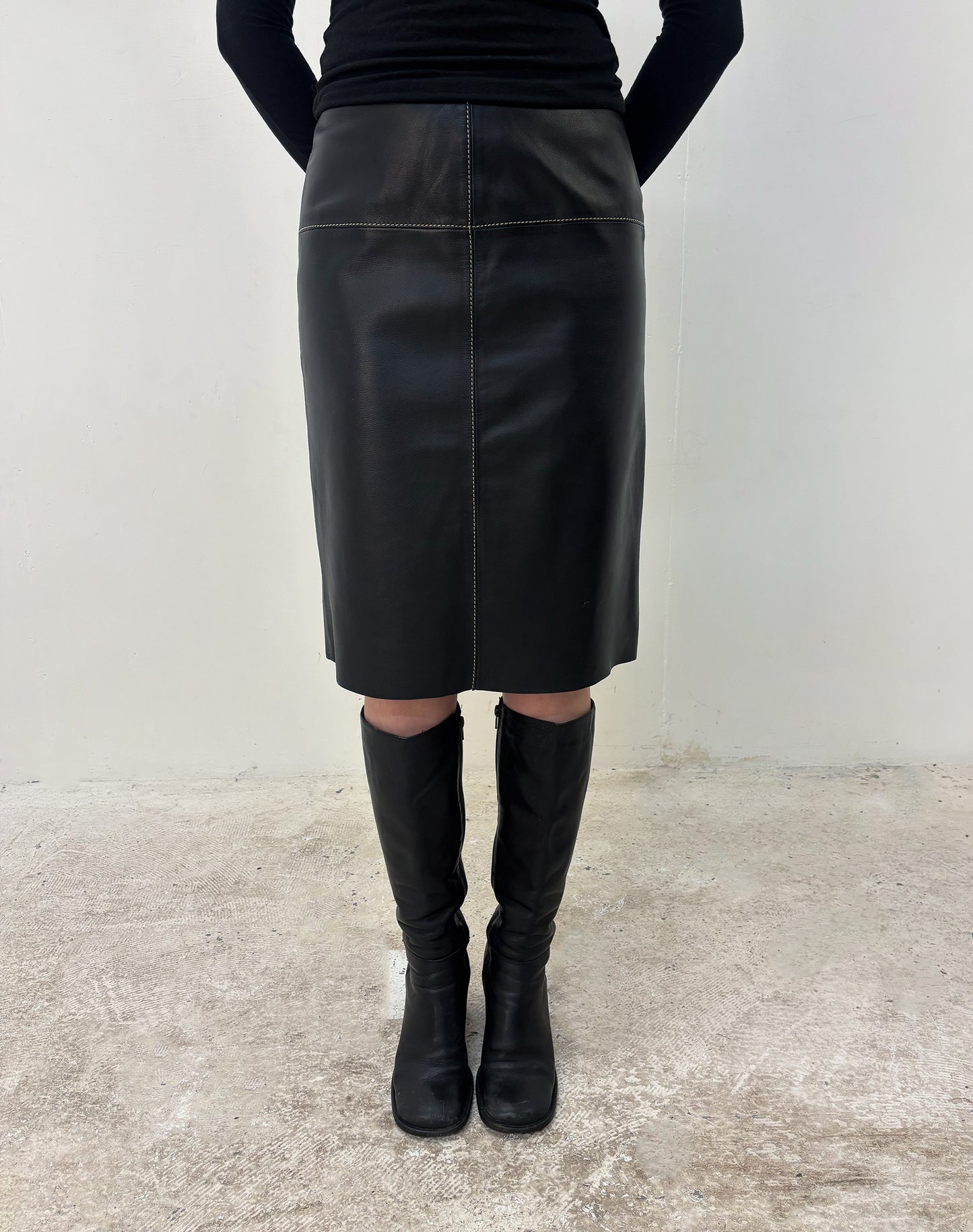 Vintage black leather midi skirt