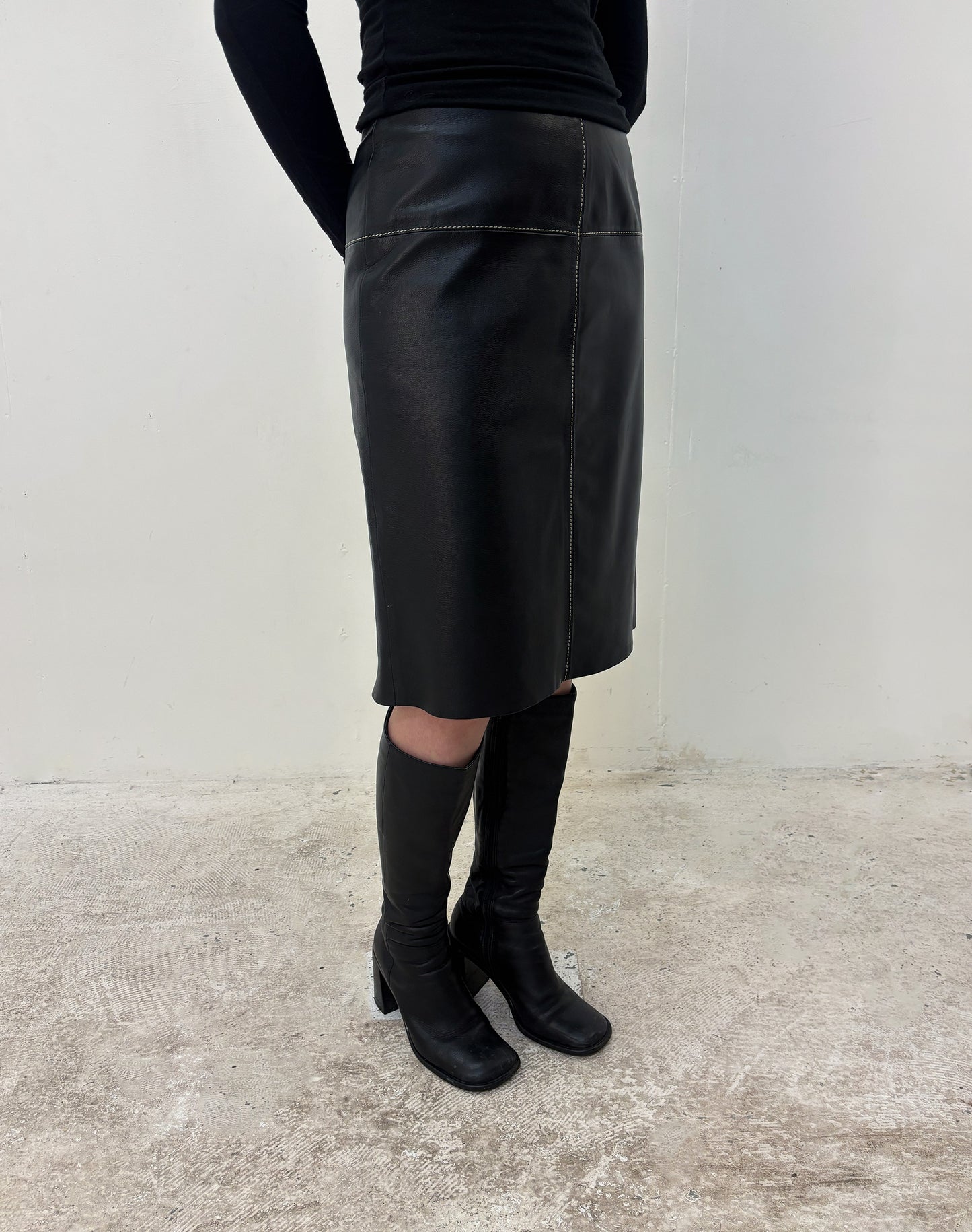 Vintage black leather midi skirt
