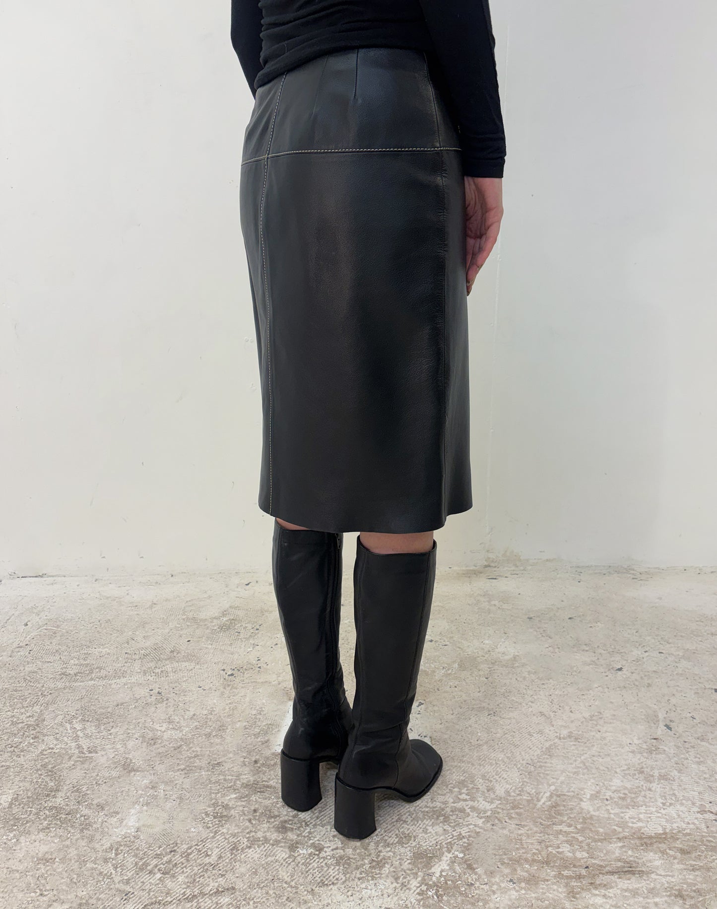 Vintage black leather midi skirt