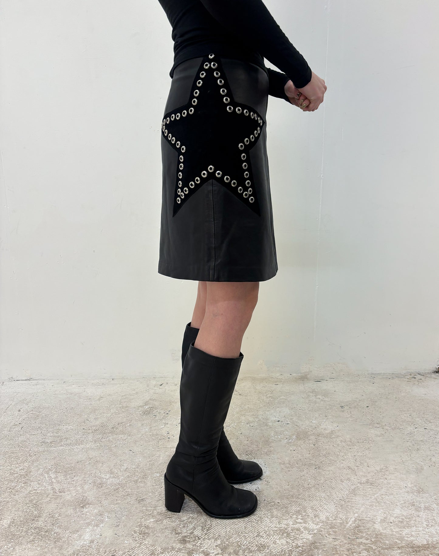 Black star leather midi skirt