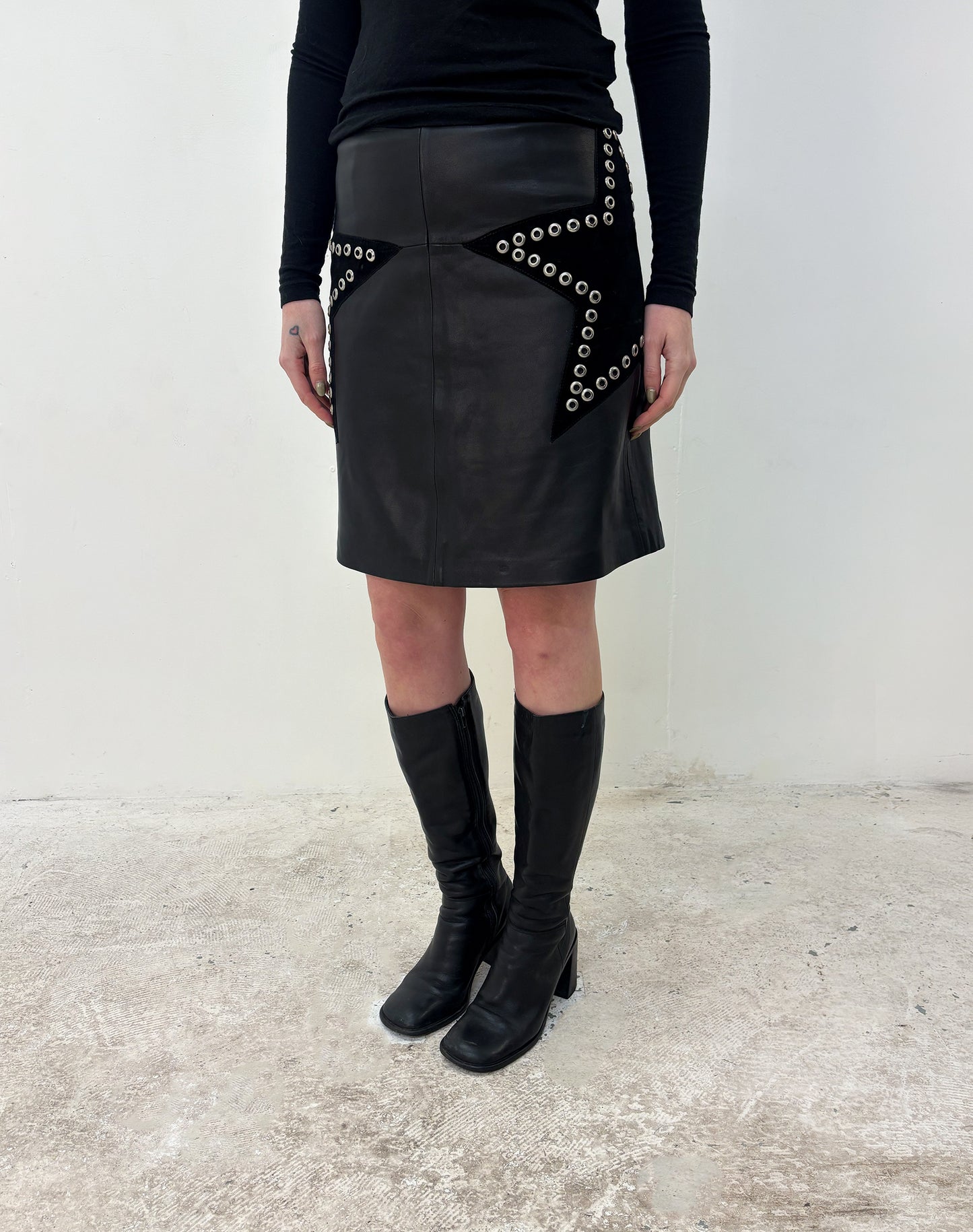 Black star leather midi skirt
