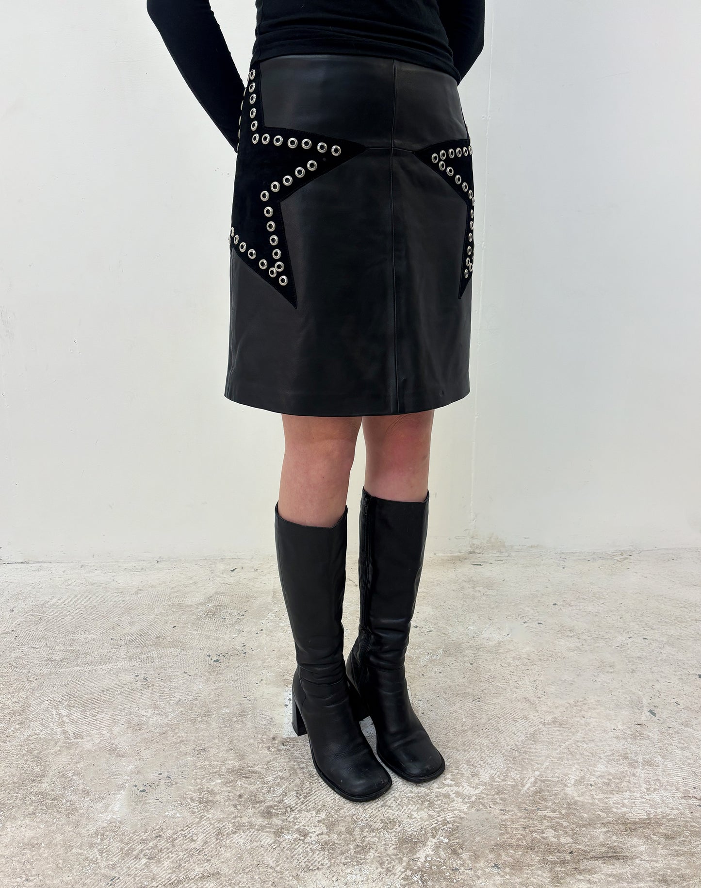Black star leather midi skirt