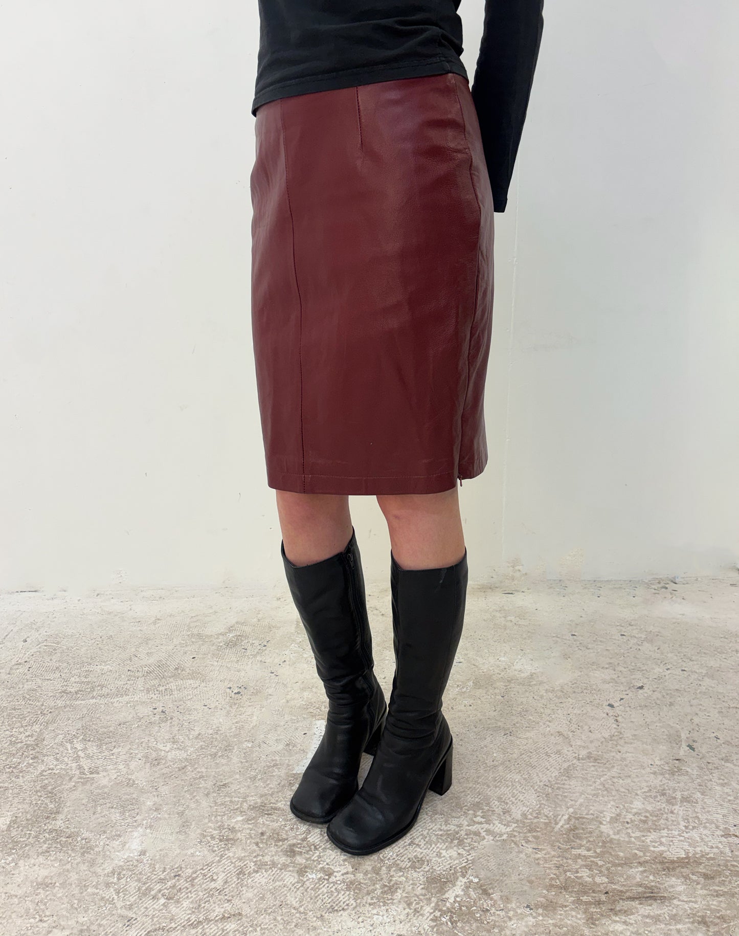 Vintage red leather midi skirt