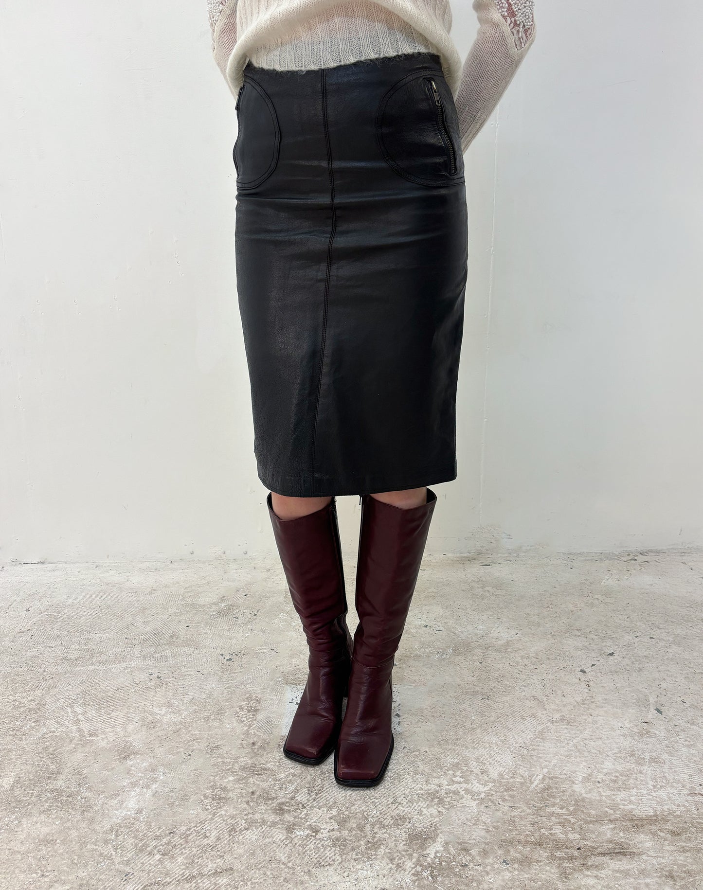 Vintage brown leather midi skirt