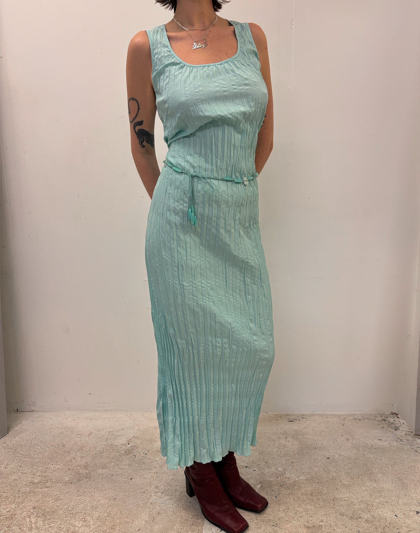 Vintage turquoise plisse maxi dress