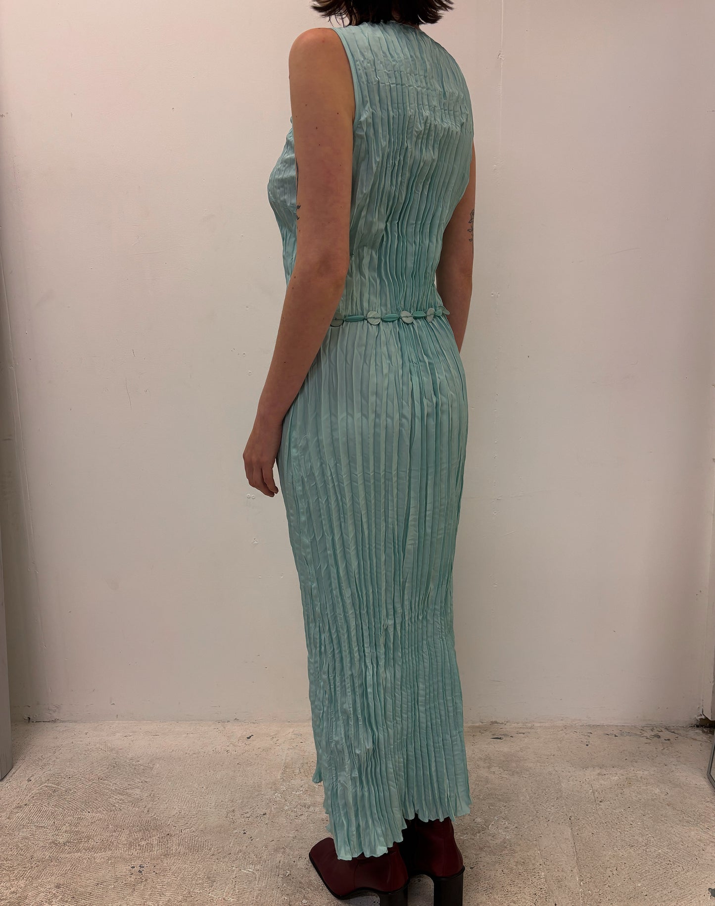 Vintage turquoise plisse maxi dress